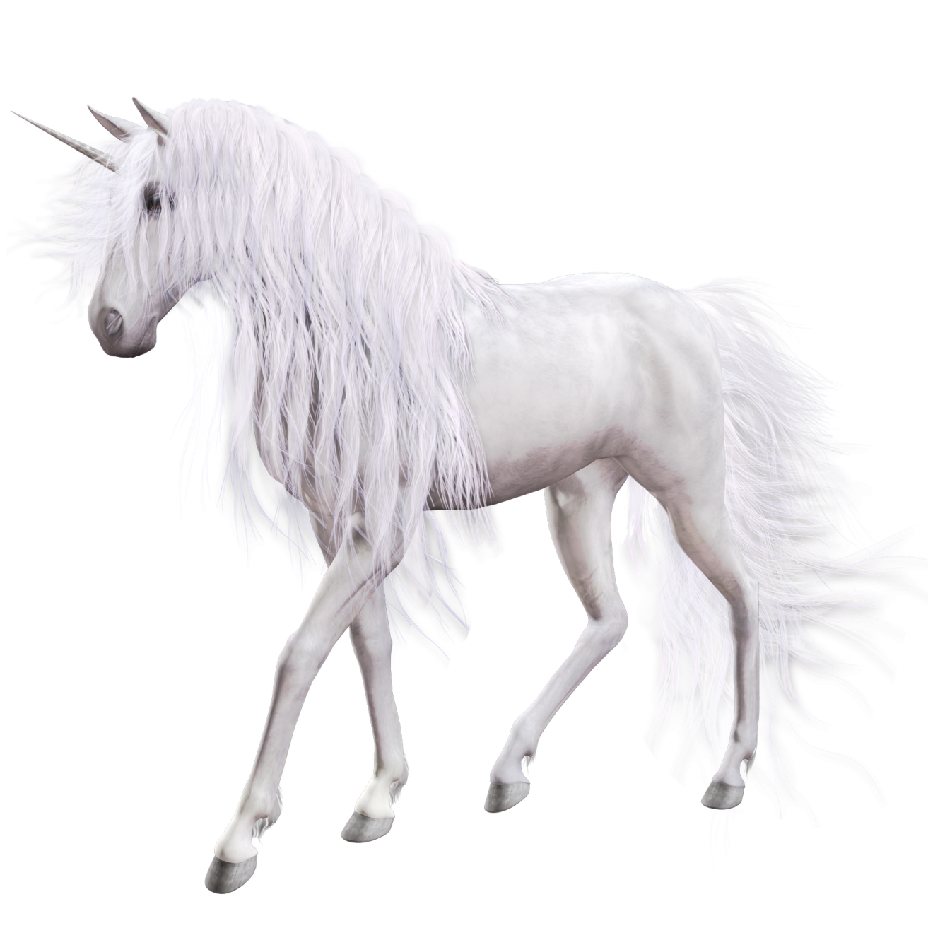 a white unicorn with long hair walking