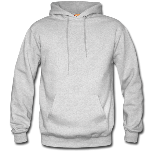 a grey hoodie with an orange logo on the front