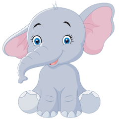 an elephant with blue eyes sitting down