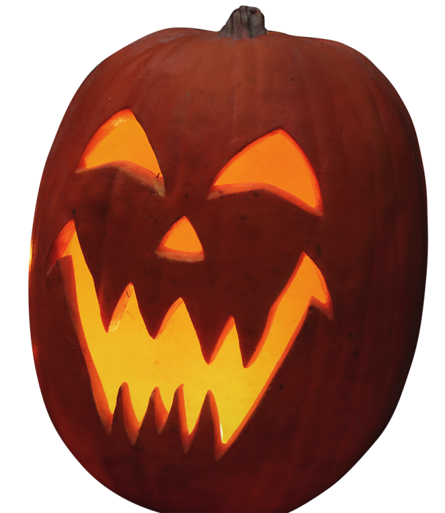 a carved halloween pumpkin with an evil face