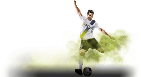 a man kicking a soccer ball in the air