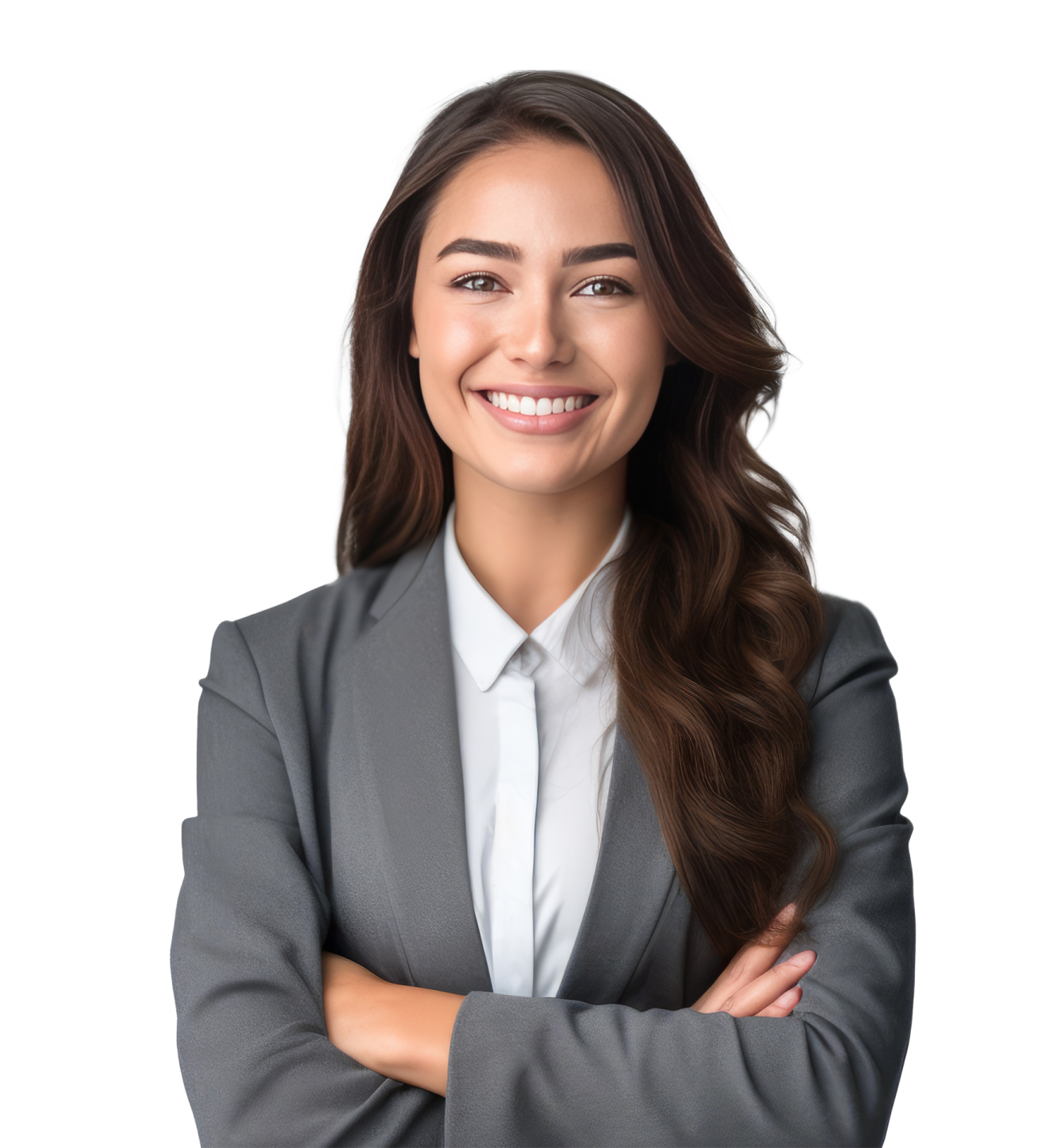 a woman in a business suit with her arms crossed