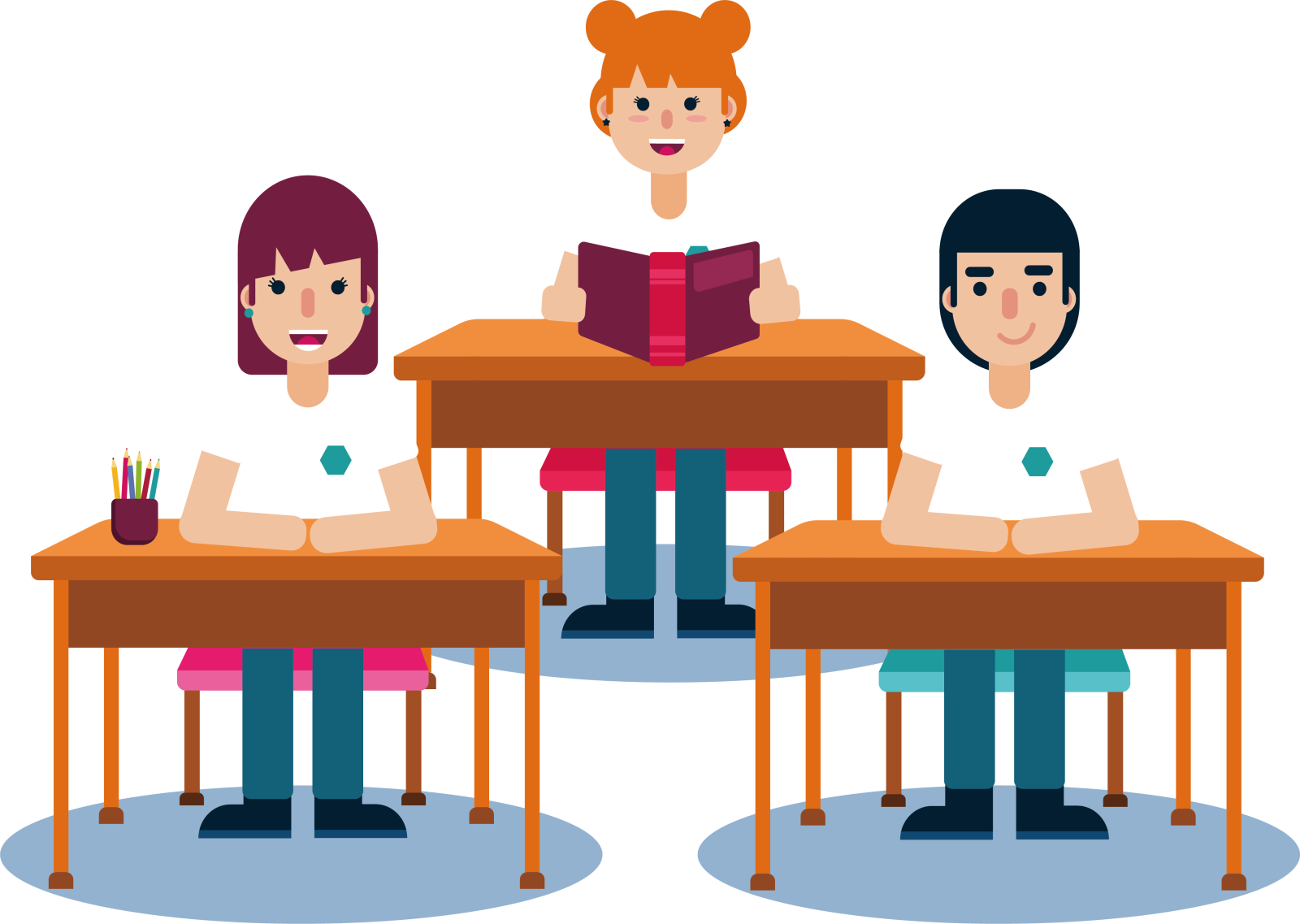 three students sitting at desks with books