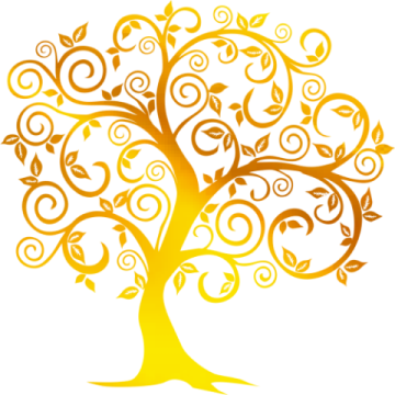 a yellow tree with swirls and leaves