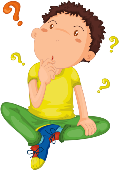 a boy sitting on the floor with question marks