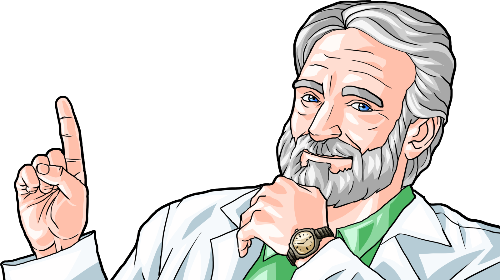 an old man in a lab coat pointing his finger at the camera