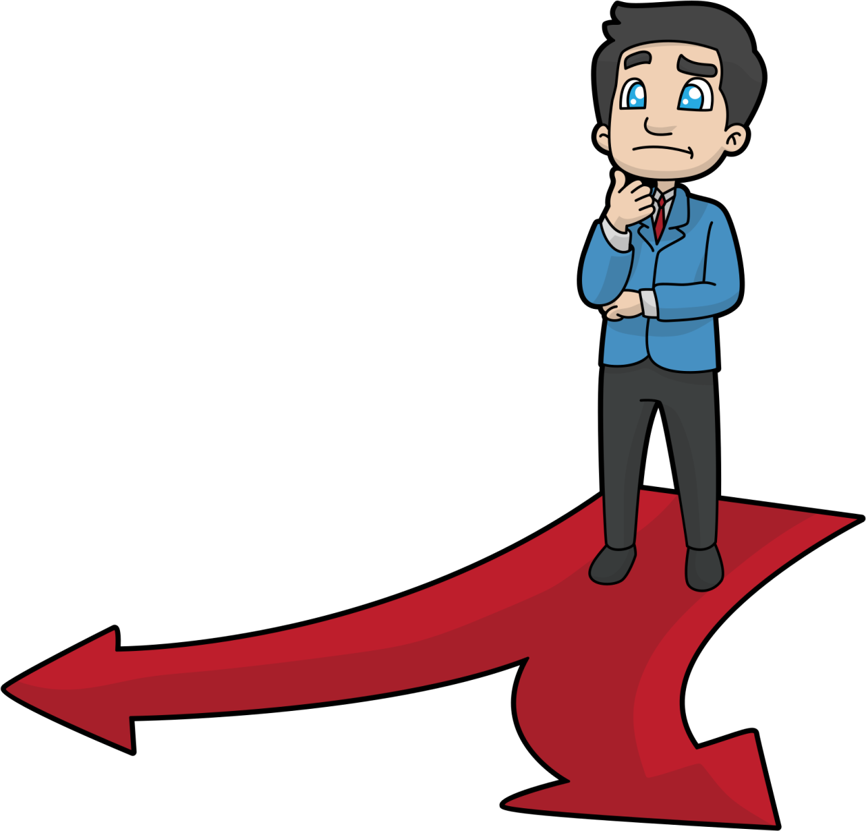 a man standing on a red arrow pointing to the right