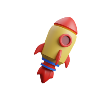 a red and yellow toy rocket on a white background
