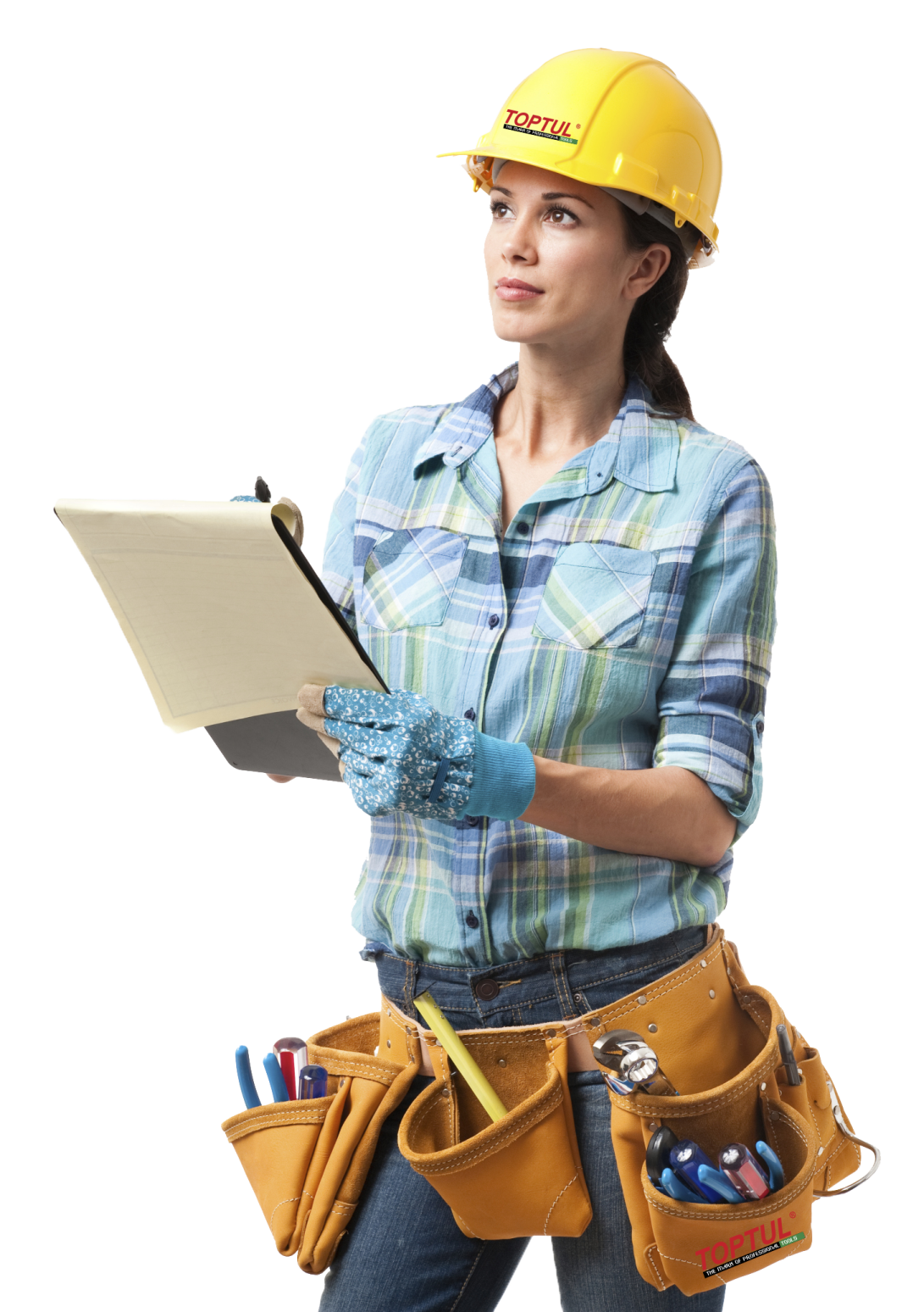 a woman in a hard hat holding a clipboard