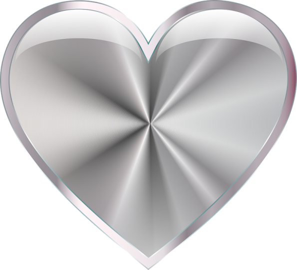 a shiny silver heart on a white background