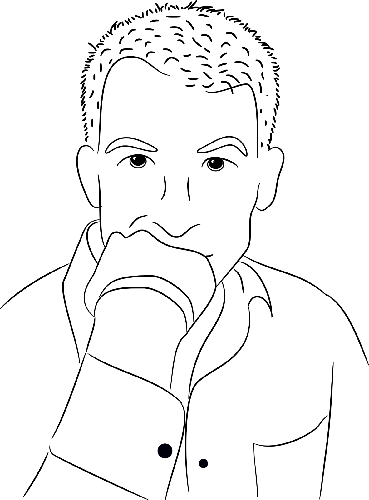 a black and white drawing of a man with his hand on his chin