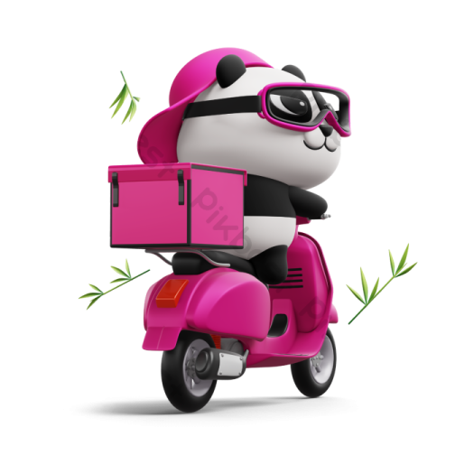 a panda is riding on a pink moped motor
