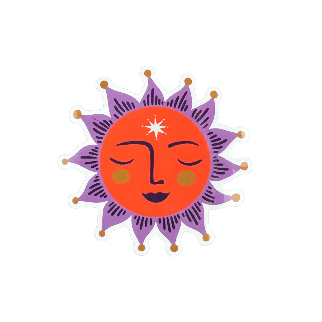 a sticker of a sun with eyes closed