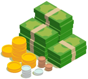 a pile of money and coins