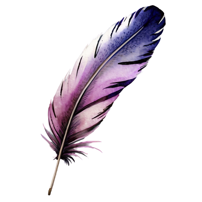 a purple and black feather on a white background