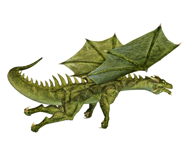 a green dragon is flying in the air