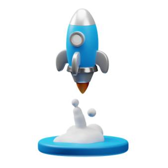 a blue and white toy rocket flying through the air