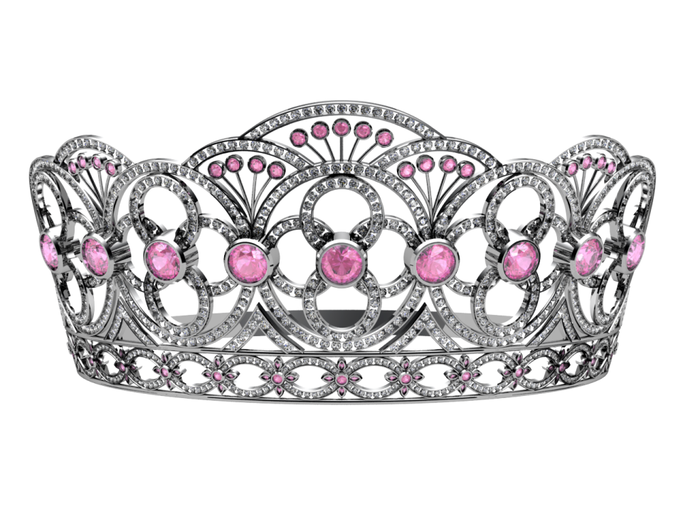 a silver crown with pink stones and diamonds