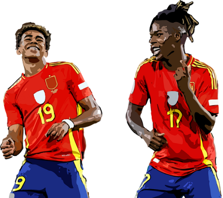 two soccer players in red and yellow uniforms