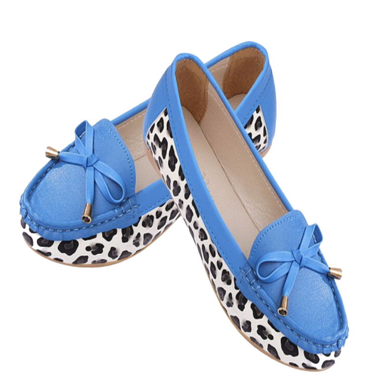 a pair of blue baby shoes with black and white spots
