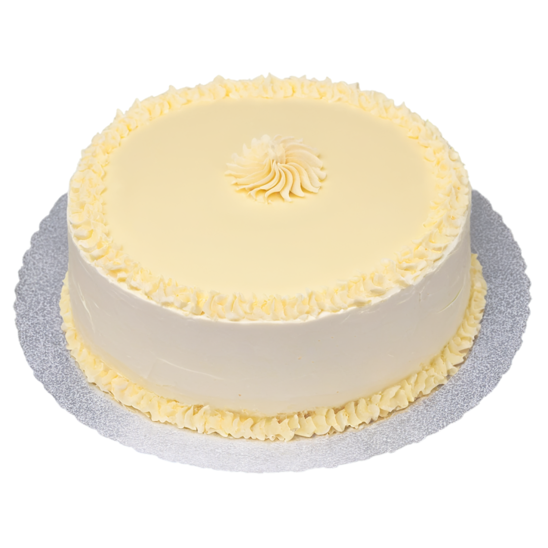 a white cake with yellow frosting on top