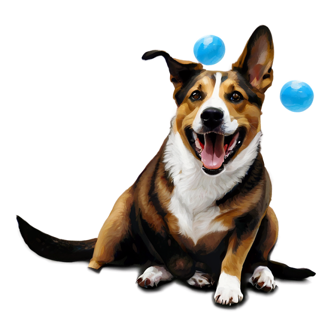 a brown and white dog with blue balls on its head