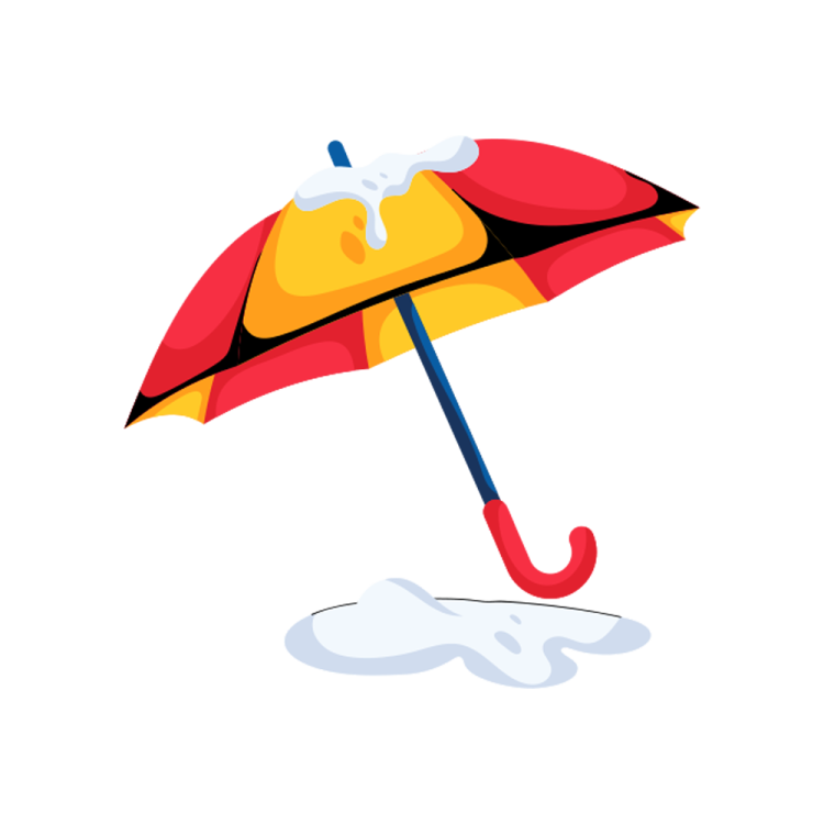 a red and yellow umbrella sitting in the snow