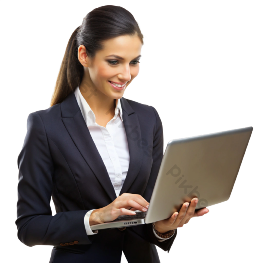 a woman in a business suit holding a laptop