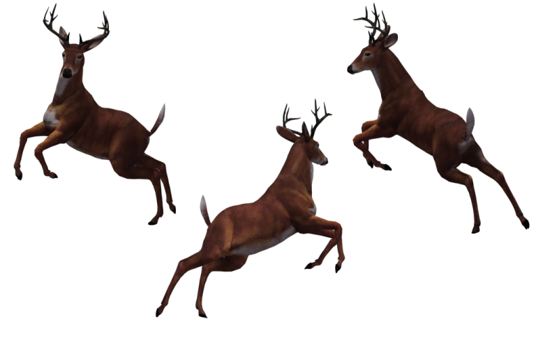 a set of three deers running in the air