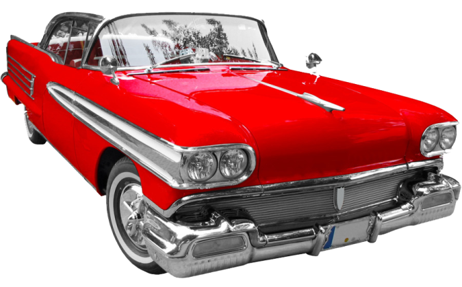 a red classic car is shown in this image