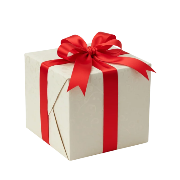 a white gift box with red ribbon