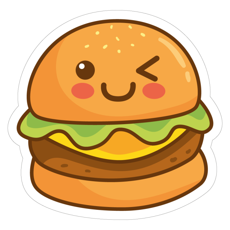 a hamburger sticker with a smiling face