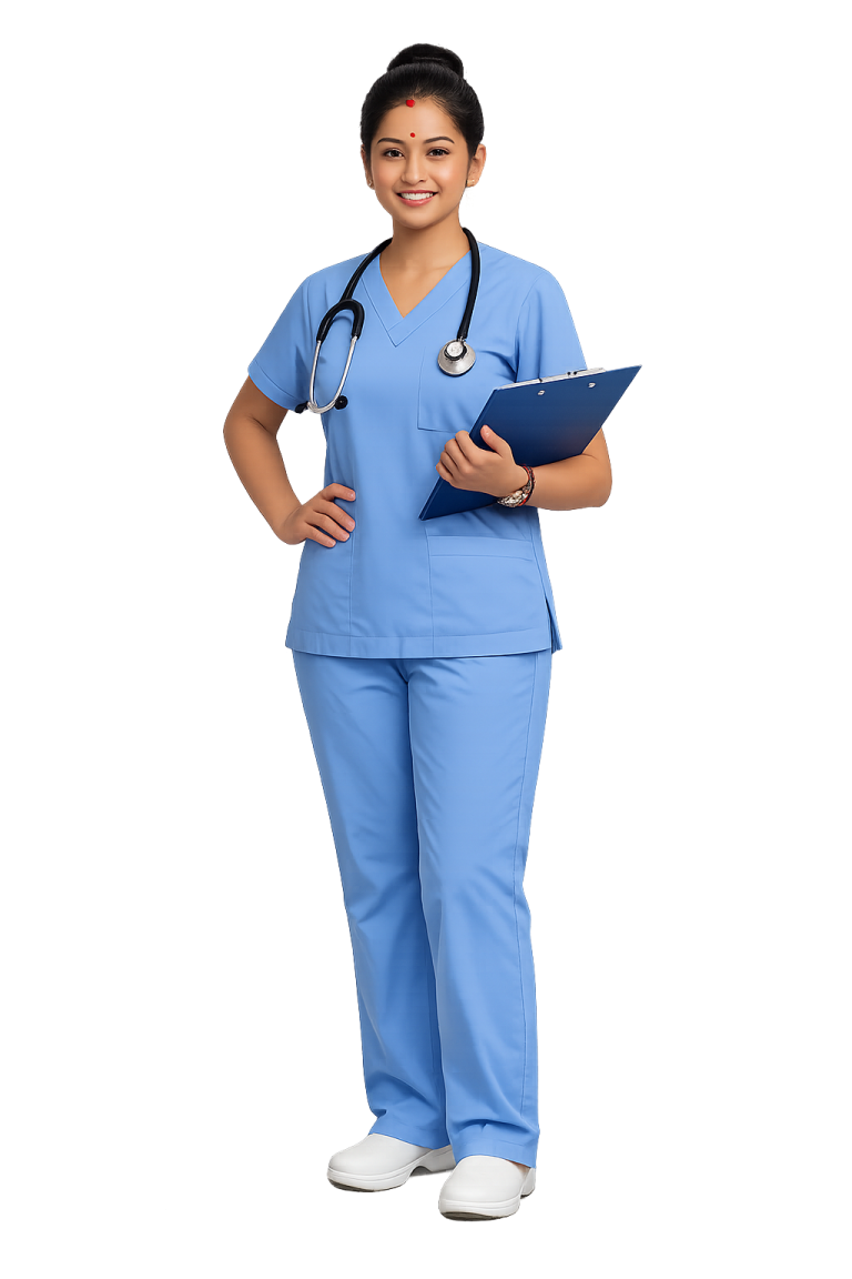 a woman wearing scrubs and holding a clipboard