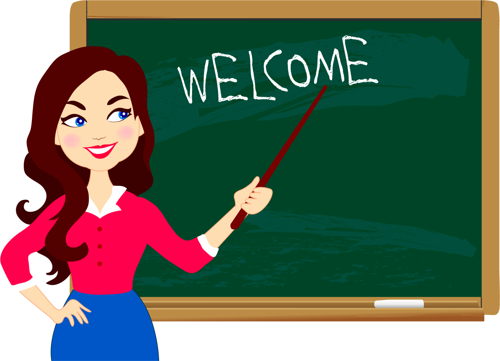 a woman standing in front of a blackboard with the word welcome