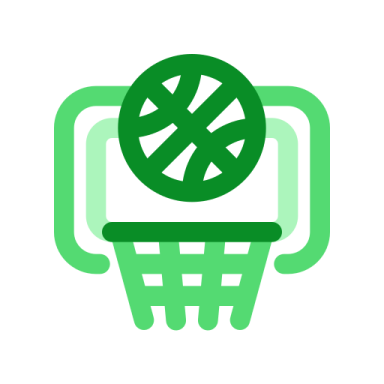 a green and white icon of a basketball ball in a basket