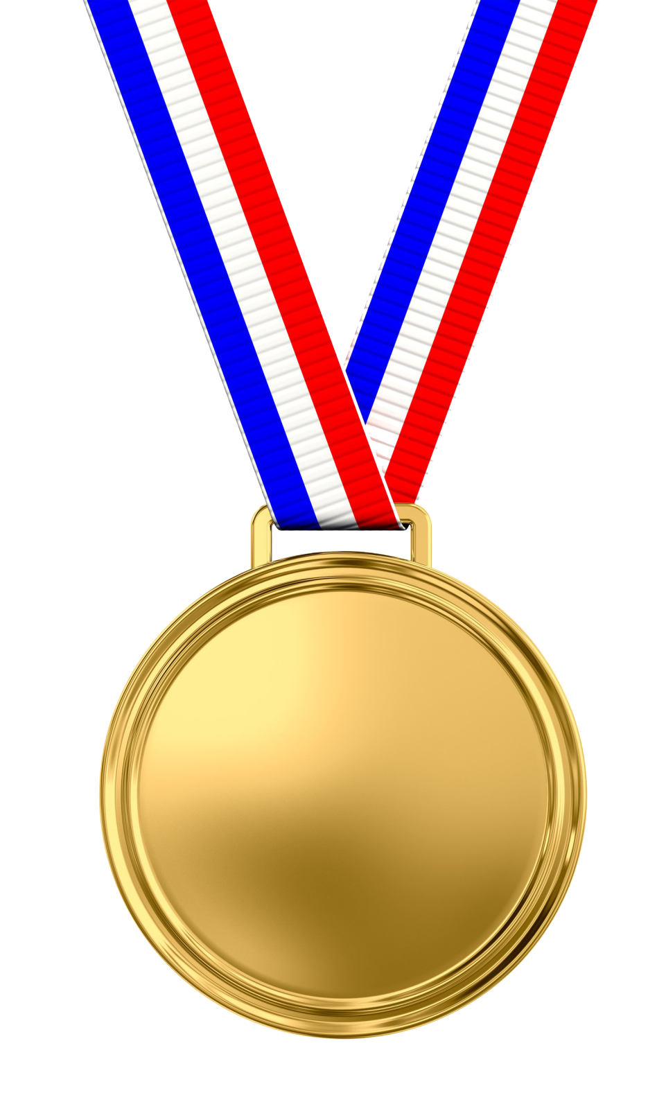 a gold medal with red, white and blue ribbons