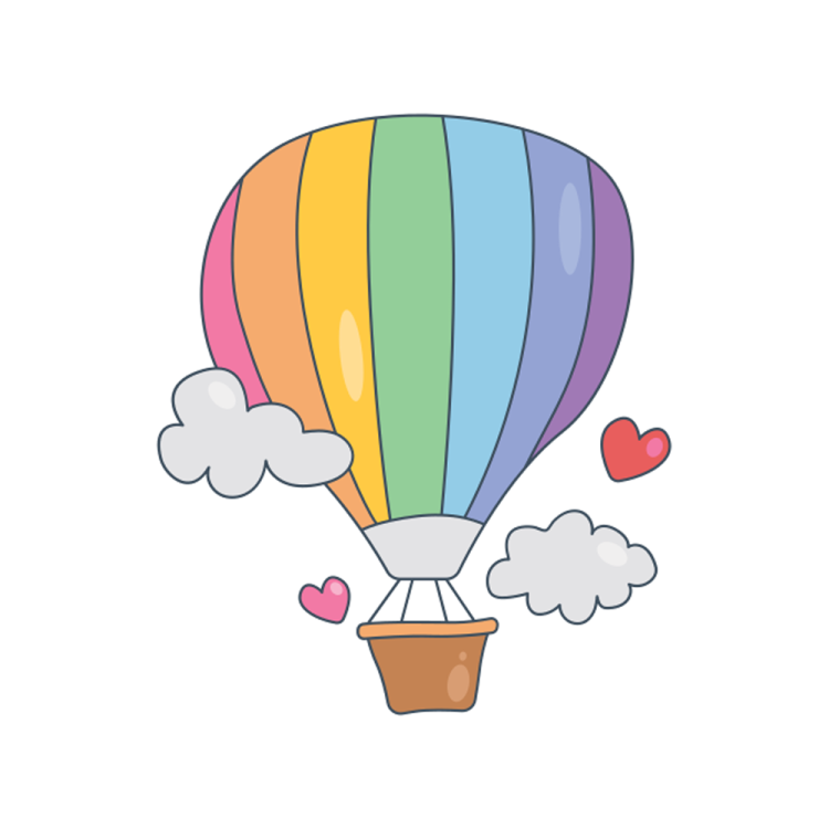 a hot air balloon with clouds and hearts