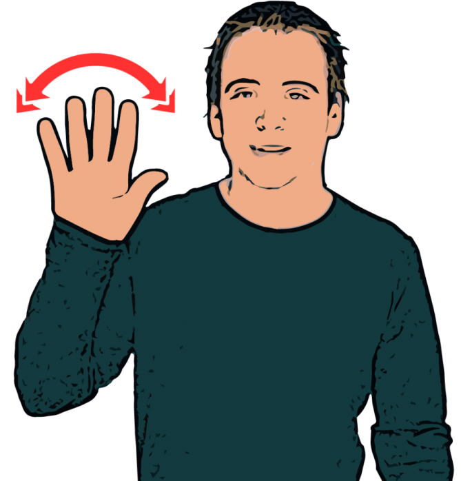 a man in a black shirt is holding up his hand
