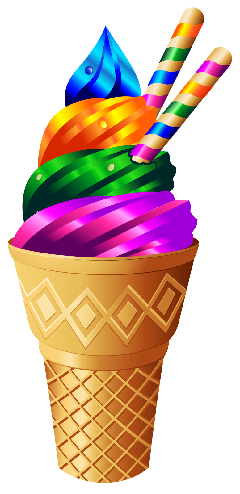 an ice cream cone with a rainbow colored swirl