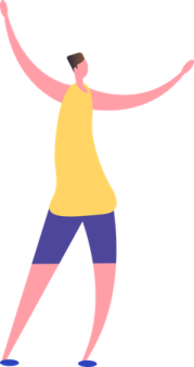 a woman in yellow shirt and blue shorts dancing