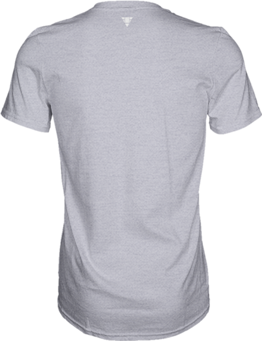the back of a grey t - shirt