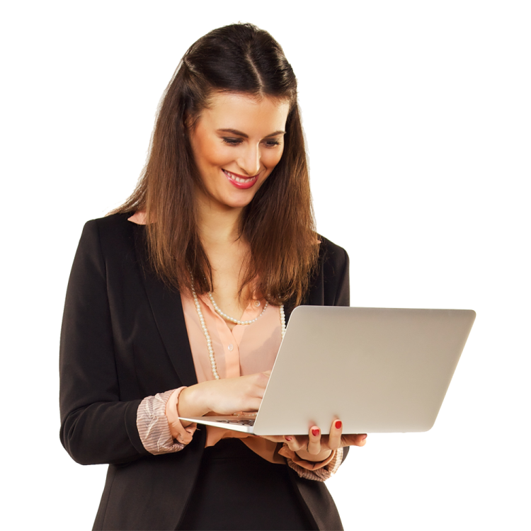 a woman in a business suit holding a laptop