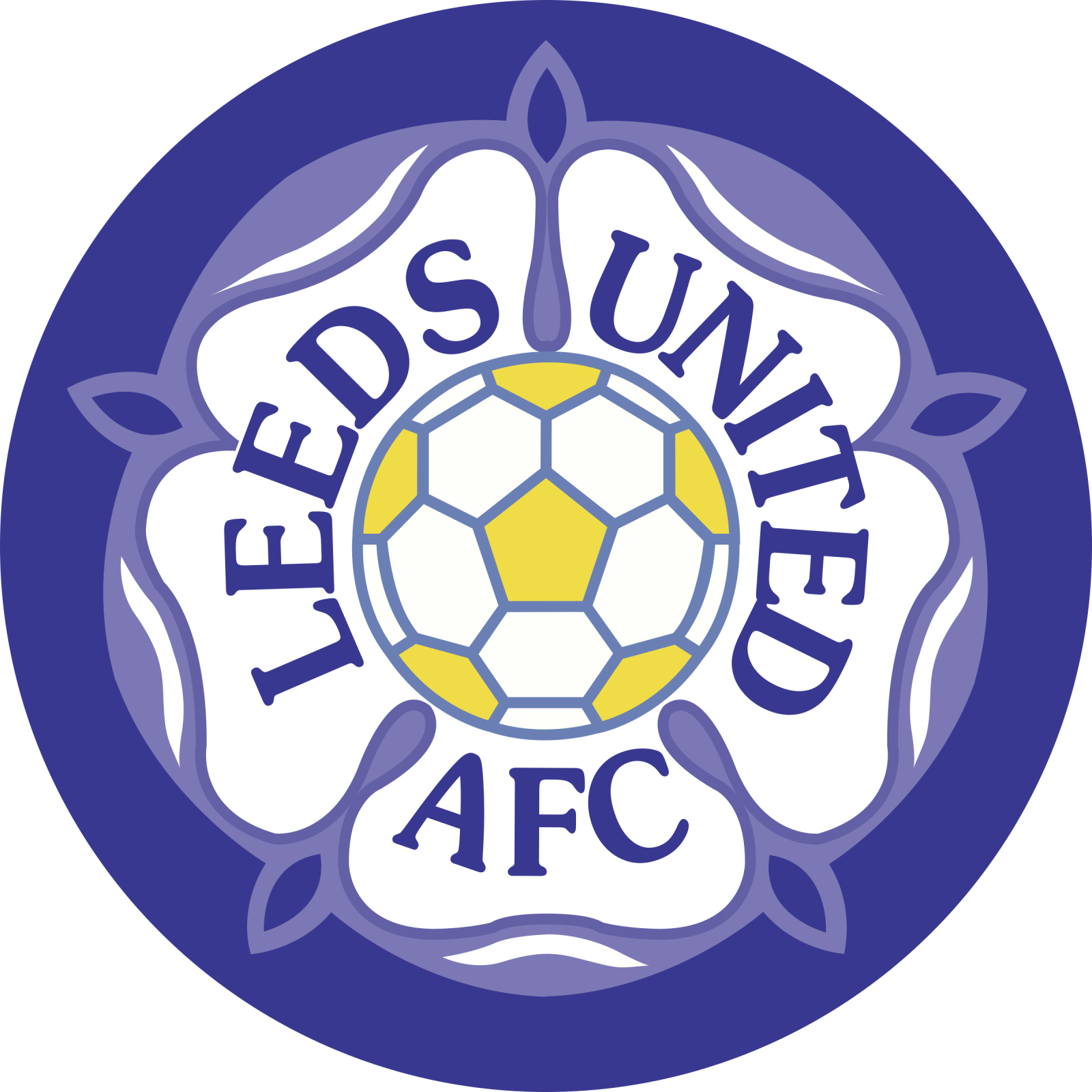 a soccer ball in the center of a blue and yellow circle