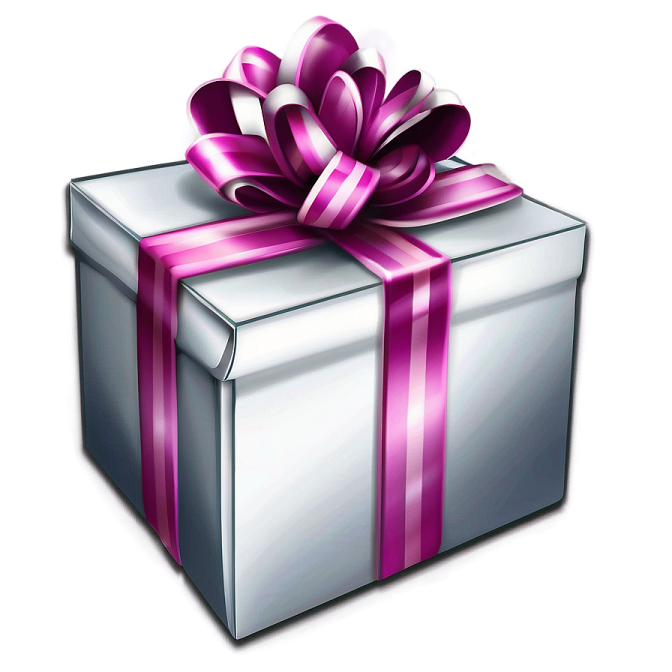 a silver gift box with purple ribbon and bow