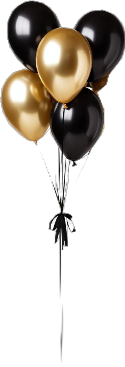 a bunch of black and gold balloons