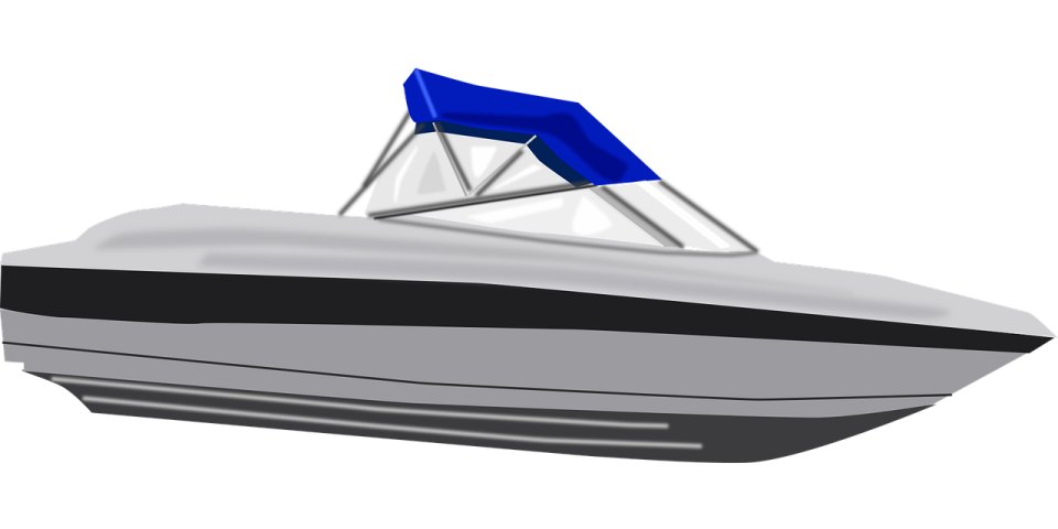 a boat with blue and white stripes on it