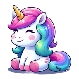a cute unicorn with a rainbow mane sitting on the ground