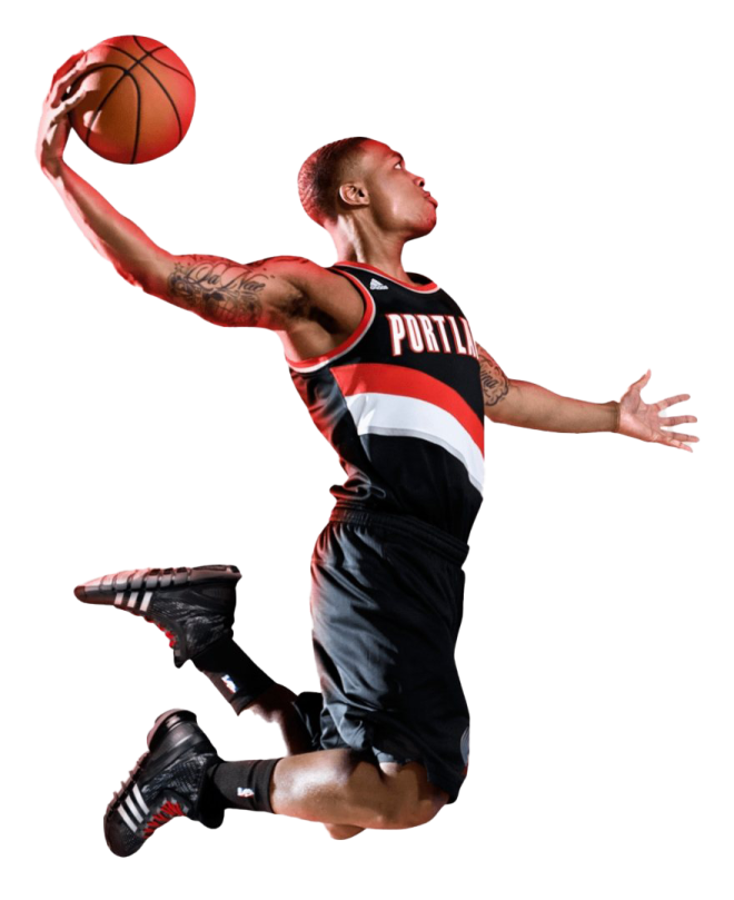 a basketball player jumping up in the air