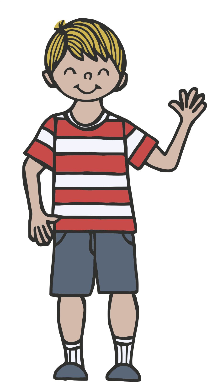 a boy wearing a striped shirt and shorts