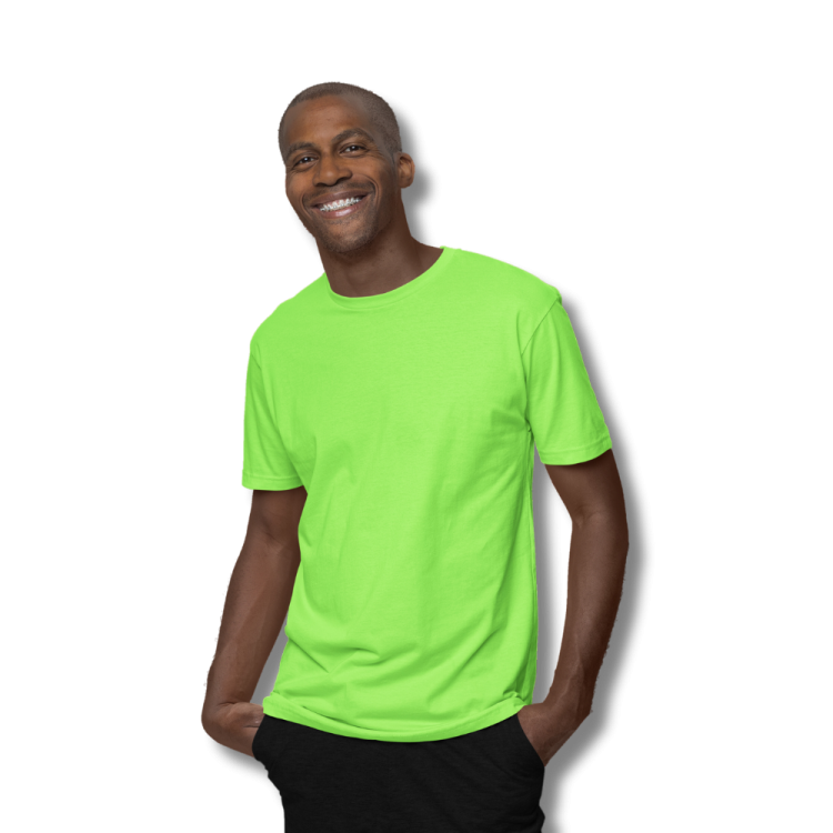 a man wearing a bright green t - shirt